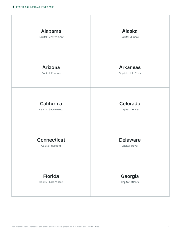 Preview of Printable State Capitals Flashcards