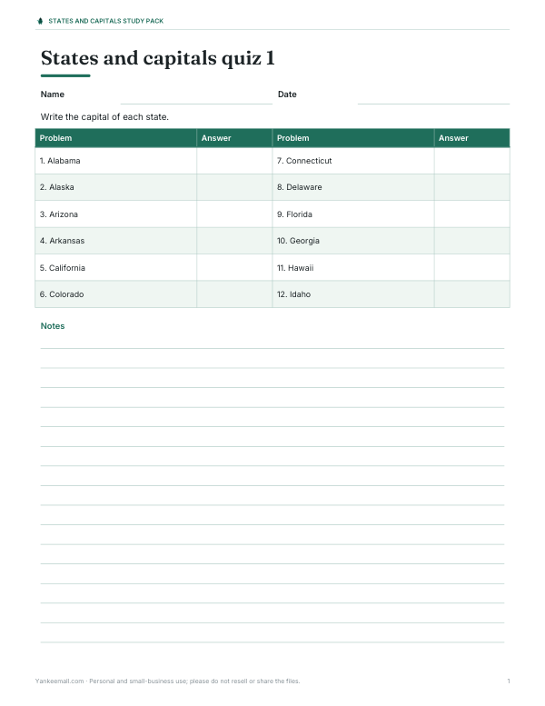 Preview of Printable States and Capitals Quiz