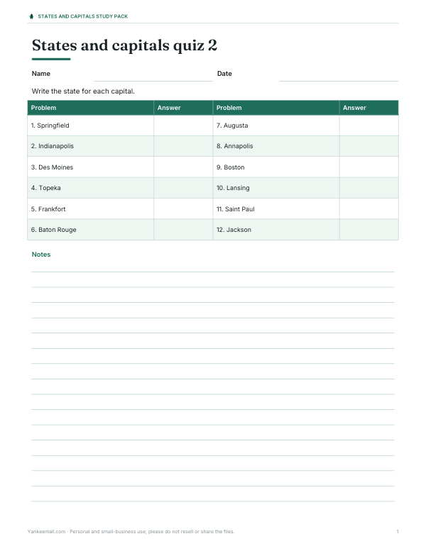 Preview of State Capitals Quiz Printable