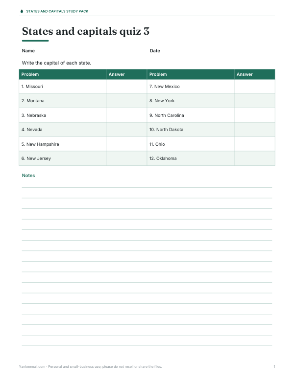 Preview of Printable State Capitals Quiz