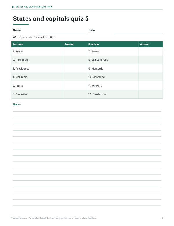 Preview of Printable States and Capitals Quiz 4